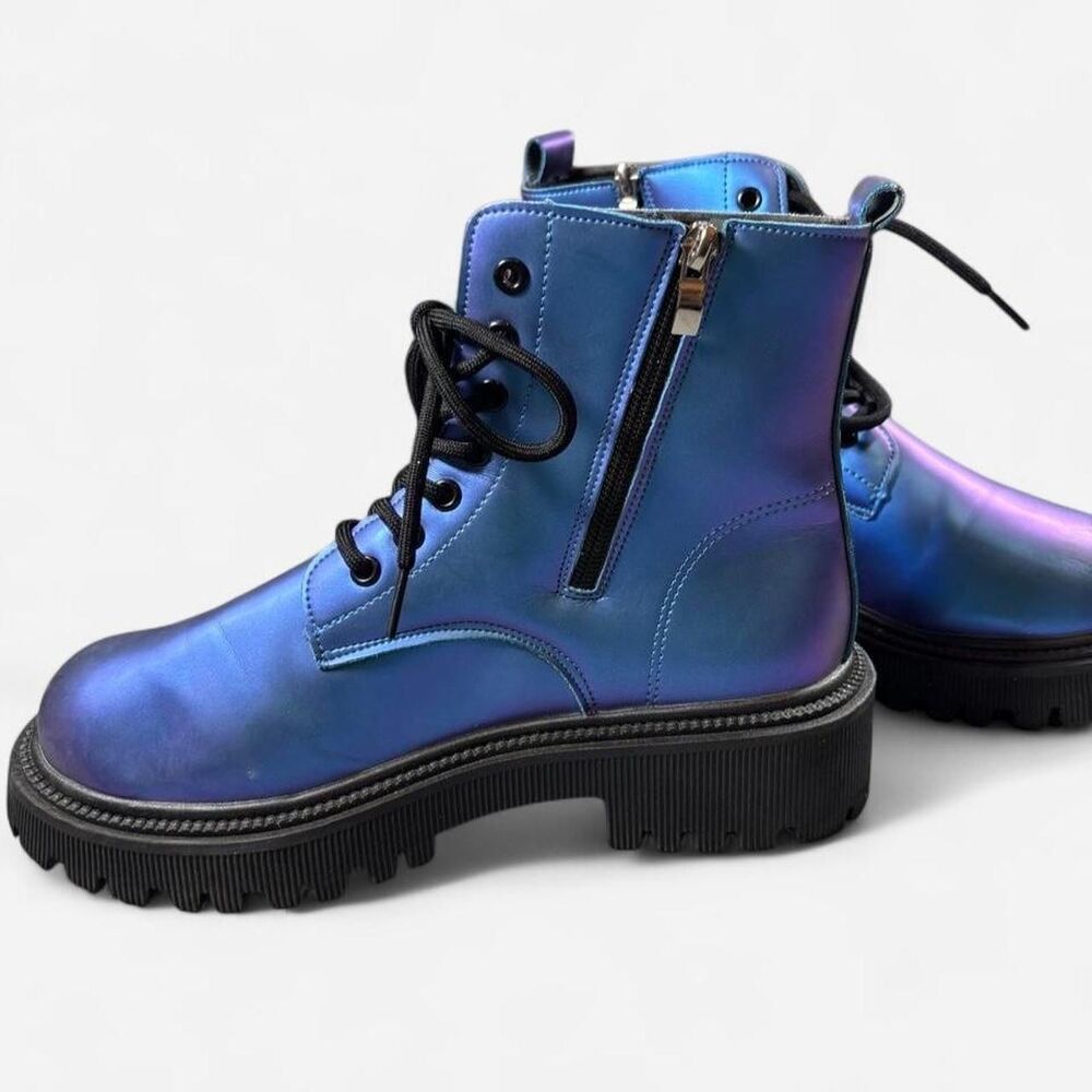 Women Size 9 Like New Blue Holographic Combat style boots - Picture 2 of 6